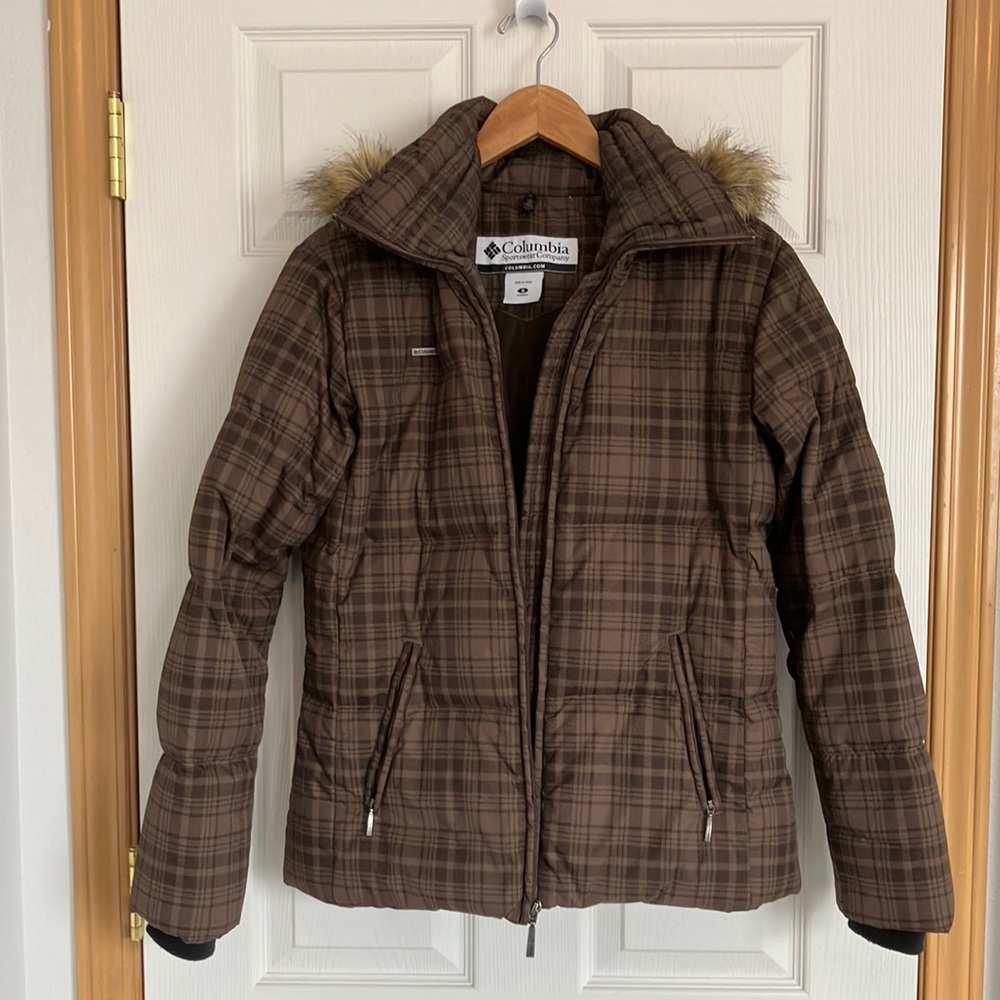 Columbia Jacket Brown Plaid Hooded Faux Fur Winter Women’s Sz Small Down Jacket